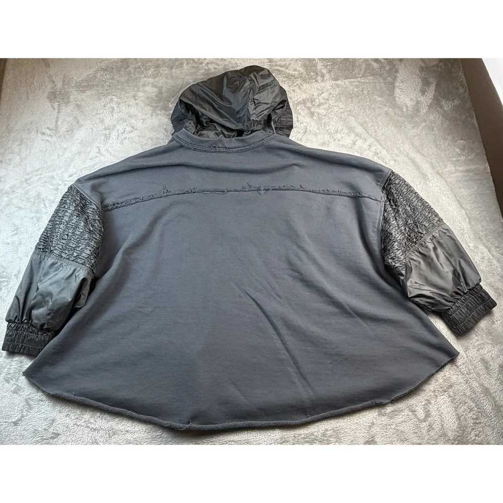 Free People FP Movement Hoodie Gray Large Oversized Mixed Media Smocked‎ Sleeves